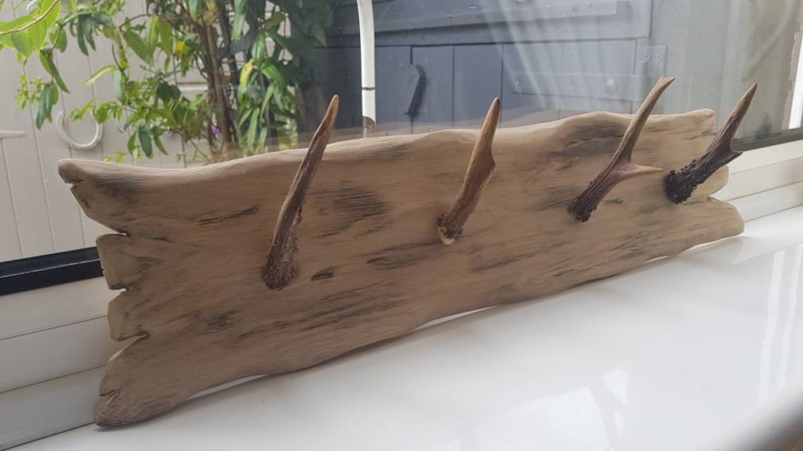 Coat rack solid oak and real deer antler .Handmade rustic . Etsy
