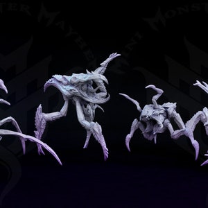 May include: Four miniature, light gray monster figurines with multiple legs and menacing features. The figures are posed in different positions, with the text "Mini Monster Mayhem" in the background.