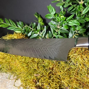 May include: A close-up of a silver chef's knife with a patterned blade and a blue and red handle. The knife is resting on a bed of green moss.