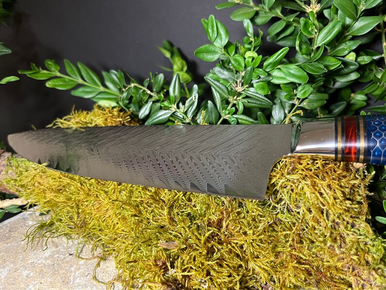 May include: A close-up of a silver chef's knife with a patterned blade and a blue and red handle. The knife is resting on a bed of green moss.