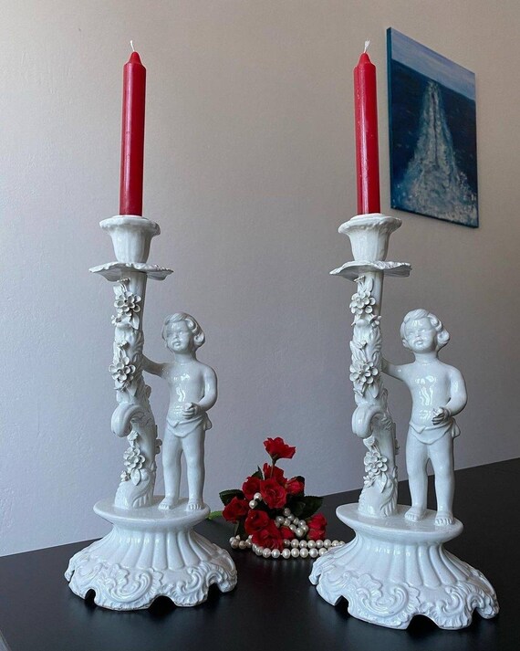 Pair of antique Italian handmade white ceramic candlesticks Etsy