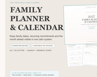 2027 Family Planner Printable | Monthly Family Calendar | Sunday + Monday Start | A4 US Letter PDF