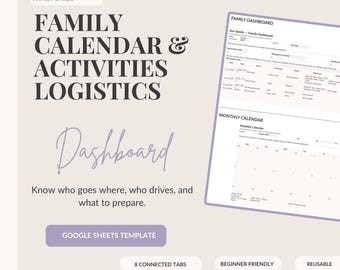 Family Calendar Google Sheets Template, Activities Dashboard, Weekly Schedule and Transport Planner