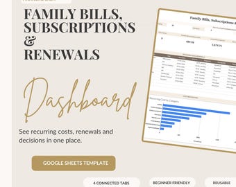 Bill and Subscription Tracker Google Sheets Template | Recurring Payments and Renewals Dashboard