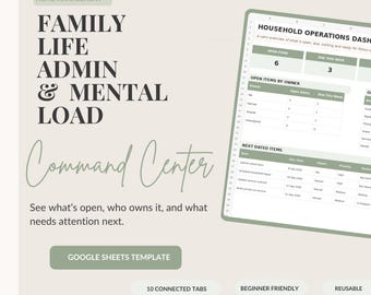 Family Life Admin Google Sheets Command Center, Household Management & Mental Load Spreadsheet