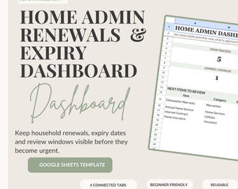 Home Admin Renewal Tracker Google Sheets | Expiry Date Dashboard | Household Warranty Insurance Subscription Organizer
