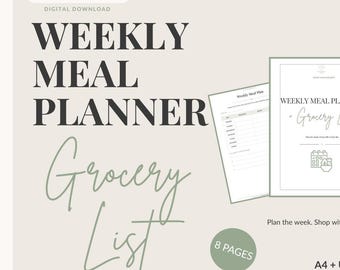 Weekly Meal Planner & Grocery List Printable PDF, A4 + US Letter