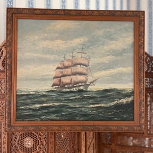 Vintage ship maritime oil painting in carved wood frame