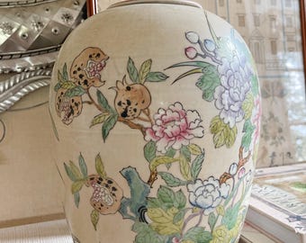 Vintage Lidded Ginger Jar with Floral & Pomegranate Design