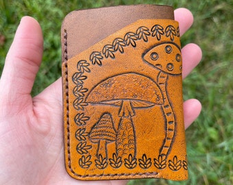 Cute Mushroom Leather Card Holder - Minimalist Leather Wallet - Hand tooled