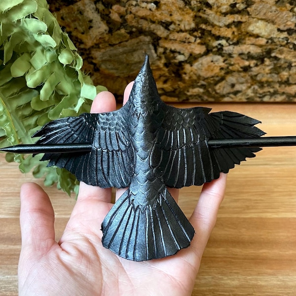 Raven or Crow Hair Slide - Leather Hair Stick Barrette - made to order