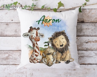 Personalised safari animal cushion, name cushion, bedroom nursery decor, elephant giraffe lion hippo zebra, new baby keepsake, gift for son