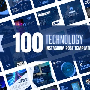 Puede incluir: Un collage de 100 plantillas de publicaciones de Instagram para empresas tecnológicas. Las plantillas presentan un esquema de color azul y blanco con varias imágenes y textos relacionados con la tecnología. El texto incluye frases como "Mega Tech Offers", "Confía en la tecnología", "Taller de IA" y "Explora el futuro con nosotros".
