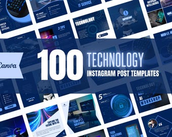 以下が含まれることがあります： テクノロジー企業向けのInstagram投稿テンプレート100個のコラージュ。テンプレートは、青と白のカラーパレットで、さまざまなテクノロジー関連の画像とテキストが使用されています。テキストには、「メガテックオファー」、「テクノロジーを信頼する」、「AIワークショップ」、「私たちと一緒に未来を探検する」などのフレーズが含まれています。