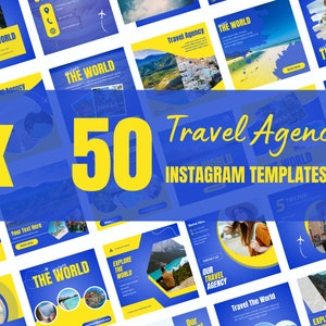 Może przedstawiać: Zbiór 50 szablonów Instagram dla agencji podróży. Szablony mają niebiesko-żółtą kolorystykę z obrazami miejsc podróży i samolotów. Tekst "50 szablonów Instagram dla agencji podróży" jest wyświetlany żółtymi literami na niebieskim tle.