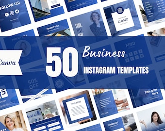 May include: A collection of 50 blue and white Instagram templates for business. The templates feature various designs, including text boxes, images, and icons. The text "50 Business Instagram Templates" is displayed in large white letters on a blue background.