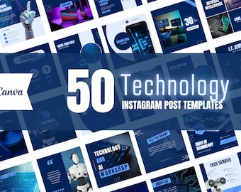 May include: A collage of 50 blue and white Instagram post templates for technology businesses. The templates feature images of robots, computers, and other technology-related items. The text "50 Technology Instagram Post Templates" is displayed in a large, white font.