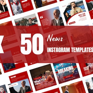 May include: A collage of 50 red and white Instagram templates for news stories. The templates feature text boxes, images, and graphics. The text "50 News Instagram Templates" is in large white letters on a red background.