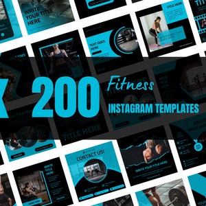 200 Fitness Instagram Canva Templates, Black and blue templates, Social media post,  Business post, set of 200, canva instagram feed