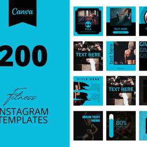 200 Fitness Instagram Canva Templates, Blue templates, Social media post, Business posts, set of 200, canva instagram feed