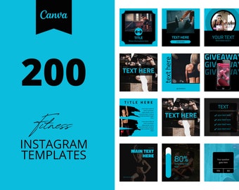 200 Fitness Instagram Canva Templates, Blue templates, Social media post, Business posts, set of 200, canva instagram feed