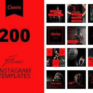 200 Fitness Instagram Canva Templates, Black and yellow templates, Social media post,  set of 200, canva instagram feed