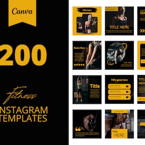 200 Fitness Instagram Canva Templates, Black and yellow templates, Social media post,  set of 200, canva instagram feed