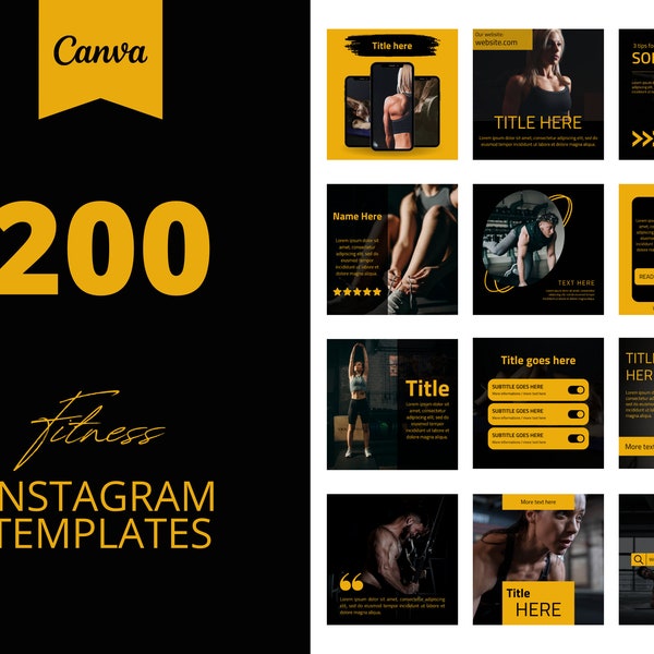 200 Fitness Instagram Canva Templates, Black and yellow templates, Social media post,  set of 200, canva instagram feed