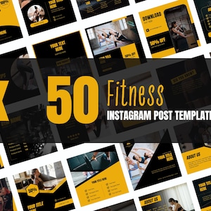 50 Fitness Instagram Canva Templates, Black and yellow templates, Social media post,  set of 50, canva instagram feed