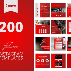 200 Fitness Instagram Canva Templates, Red gradient templates, Social media post,  Modern post, set of 200, canva instagram feed