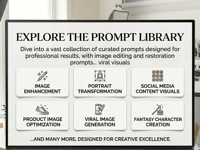 May include: A black framed display with the text "EXPLORE THE PROMPT LIBRARY". The display shows six white boxes with text and icons for image enhancement, portrait transformation, social media content visuals, product image optimization, viral image generation, and fantasy character creation.