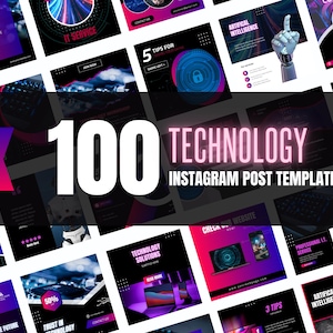 May include: A collection of 100 Instagram post templates for technology businesses. The templates feature a variety of designs with neon colors, geometric shapes, and text overlays. The templates are designed to help businesses promote their products and services on social media.