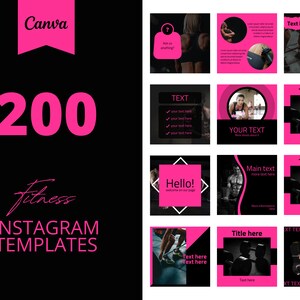 200 Fitness Instagram Canva Templates, Black and pink templates, Social media post,  set of 200, canva instagram feed