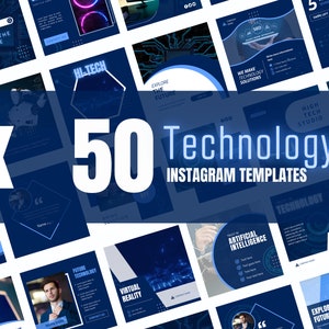以下が含まれることがあります： 未来的なテクノロジーをテーマにした、青と白の50個のInstagramテンプレートのコレクション。テンプレートは、人工知能、仮想現実、ハイテクスタジオなど、テクノロジーに関連するテキスト、アイコン、グラフィックを備えたさまざまなデザインを特徴としています。