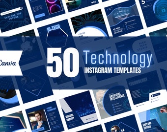 以下が含まれることがあります： 未来的なテクノロジーをテーマにした、青と白の50個のInstagramテンプレートのコレクション。テンプレートは、人工知能、仮想現実、ハイテクスタジオなど、テクノロジーに関連するテキスト、アイコン、グラフィックを備えたさまざまなデザインを特徴としています。