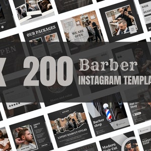 May include: A collage of 200 Instagram templates for barbers. The templates feature a black and white colour scheme with images of barbers, barber chairs, and barber tools. The text "200 Barber Instagram Templates" is displayed in large, bold letters.