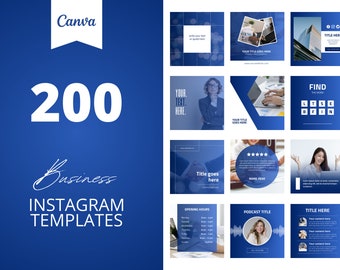 May include: A collection of 200 blue and white Instagram templates for business. The templates feature various designs with text, images, and icons. The text includes "Find the word", "Your text here", "Title goes here", "Opening Hours", "Podcast Title", and "Title Here".
