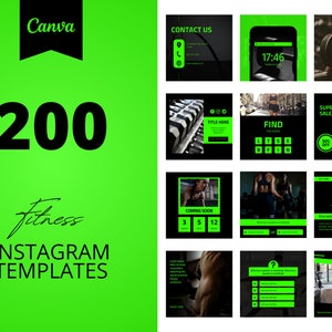 200 Fitness Instagram Canva Templates, Black and green templates, Social media post,  set of 200, canva instagram feed