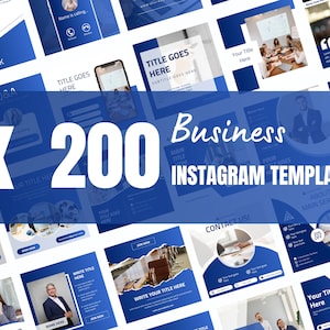 May include: A collection of 200 blue and white Instagram templates for business. The templates feature various layouts with text, images, and icons. The text includes phrases like "Business Instagram Templates", "Main Title Here", "Your Title Goes Here", "Contact Us!" and "About Our Main Services".