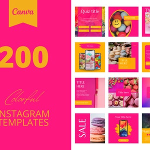 200 kleurrijke Instagram-canvasjablonen, roze en oranje, zakelijke sjablonen, snoep socialmediapost, set van 200, canva instagramfeed