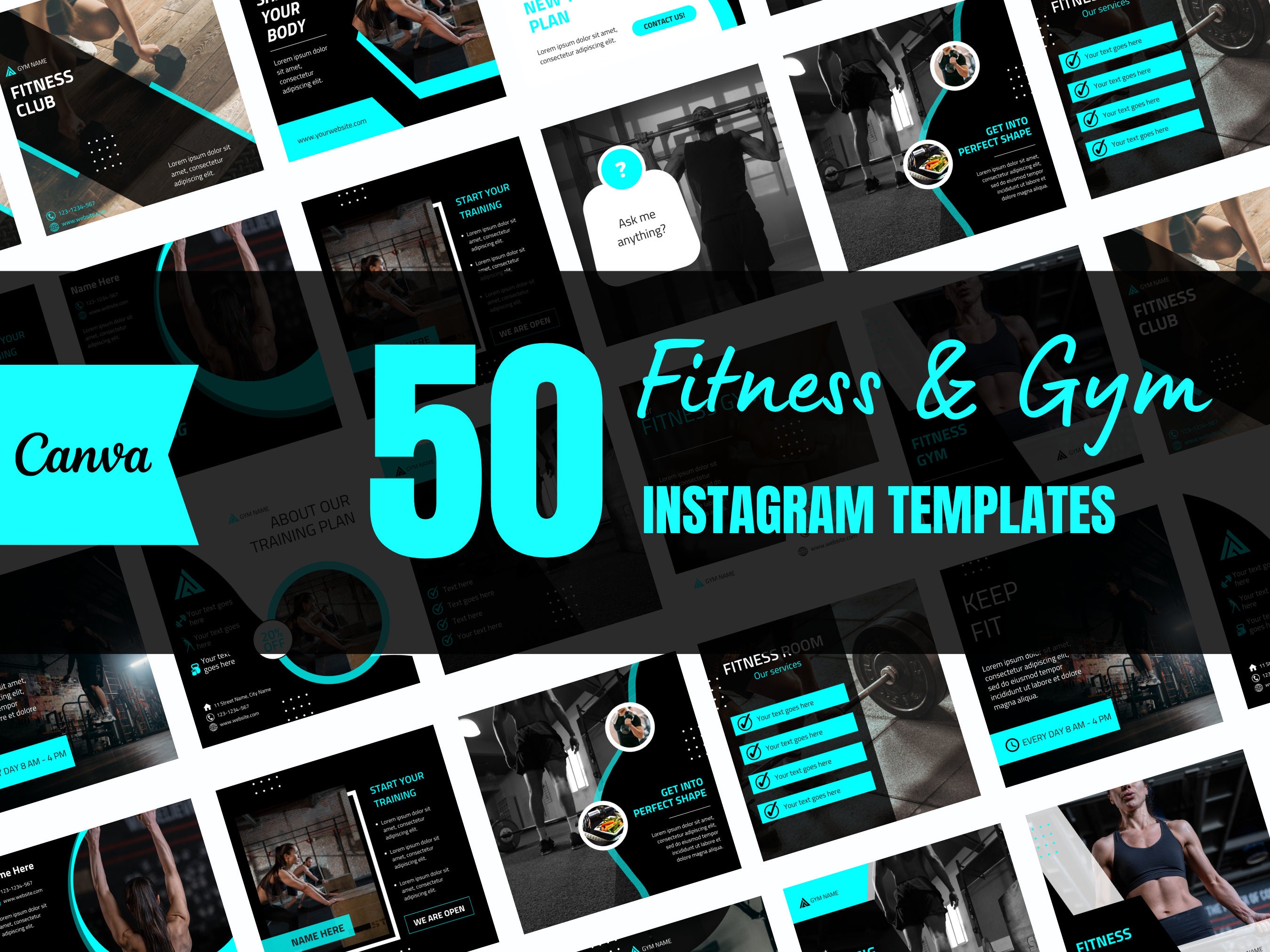 50 Fitness and Gym Instagram Canva Templates, Fitness templates, Business post, Social media post,  set of 50, canva instagram feed