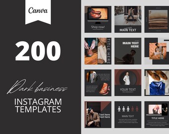 Puede incluir: Una colección de 200 plantillas de Instagram para negocios oscuros. Las plantillas presentan una variedad de diseños, que incluyen imágenes de zapatos, ropa y texto. El texto incluye "¡Comprar ahora!" y "Texto principal".
