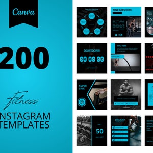 200 Fitness Instagram Canva Templates, Black and blue templates, Social media post,  set of 200, canva instagram feed