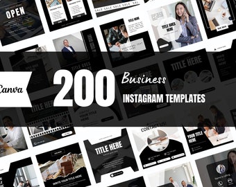Puede incluir: Un collage de 200 plantillas de Instagram en blanco y negro para empresas. Las plantillas presentan texto como "Título aquí", "Tu título aquí", "¡Contáctanos!" y "Título principal aquí". Algunas plantillas presentan imágenes de personas trabajando en portátiles y teléfonos.