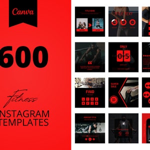 600 Fitness Instagram Canva Templates, Black and red templates, Business post, Social media post,  set of 600, canva instagram feed