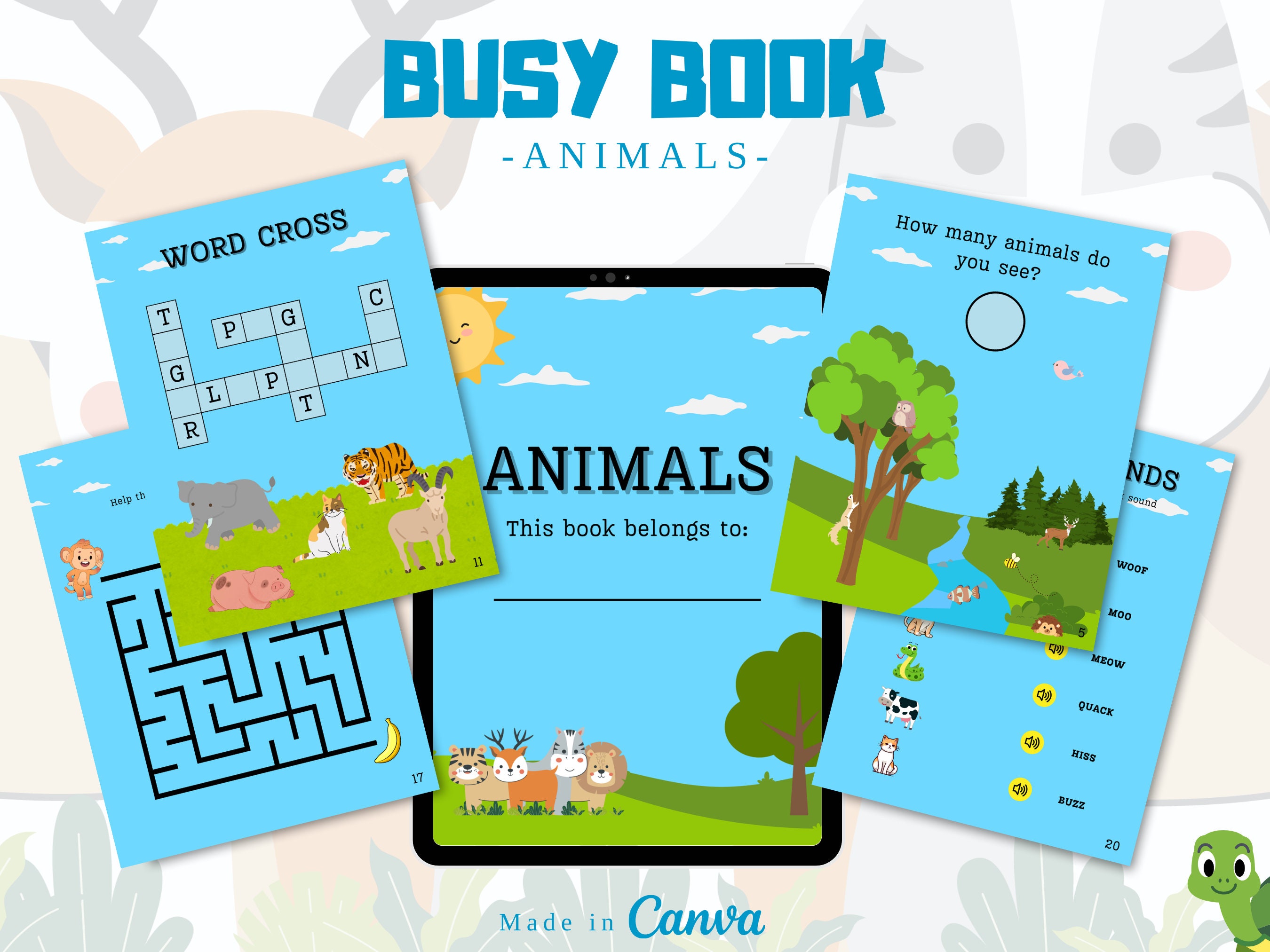 Printable Animals Busy Book, Toddler Busy Book, Canva Template, Instand