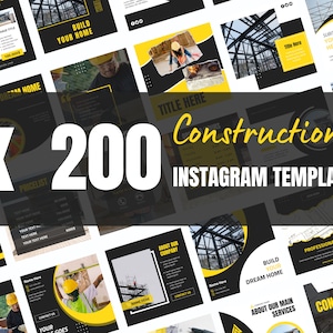 May include: A collection of 200 customisable Instagram templates for construction businesses. The templates feature a black and yellow colour scheme with images of construction workers, tools, and buildings. The text "Construction Instagram Templates" is displayed in large, bold letters.