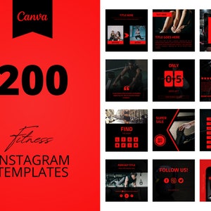 200 Fitness Instagram Canva Templates, Black and red templates, Social media post,  set of 200, canva instagram feed