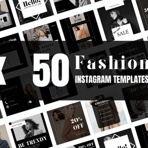 50 Mode Instagram Canva Vorlagen, Schwarze Vorlagen, Business Post, Kleidung, Produkt, Social Media Post, Set von 50, Canva Instagram Feed