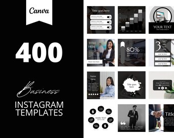 Puede incluir: Una colección de 400 plantillas de Instagram en blanco y negro para empresas. Las plantillas presentan varios diseños, incluidos gráficos, tablas, cuadros de texto e imágenes. El texto "400 Business Instagram Templates" se muestra en blanco sobre un fondo negro.